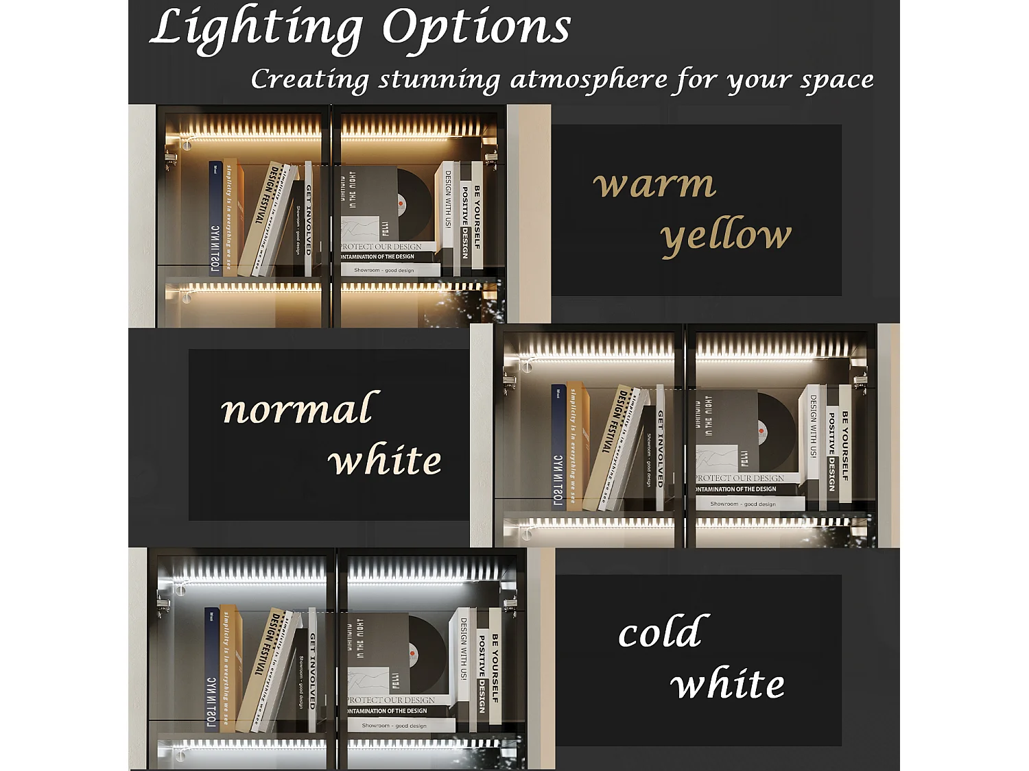 Vitrine avec LED 3 couleurs - 2 portes et à 5 niveaux - push to open, 80x36x200cm, Noir