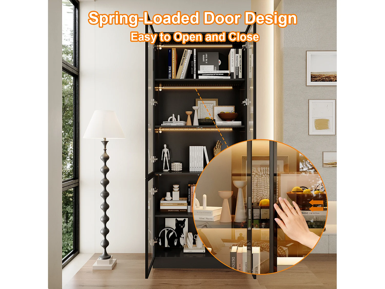 Vitrine avec LED 3 couleurs - 2 portes et à 5 niveaux - push to open, 80x36x200cm, Noir