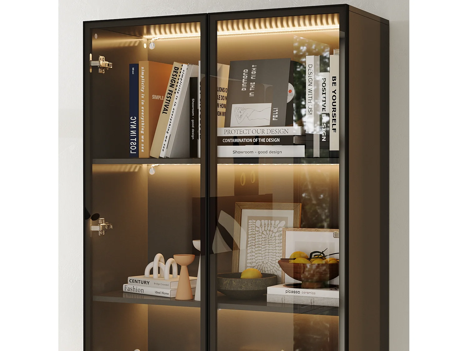 Vitrine avec LED 3 couleurs - 2 portes et à 5 niveaux - push to open, 80x36x200cm, Noir