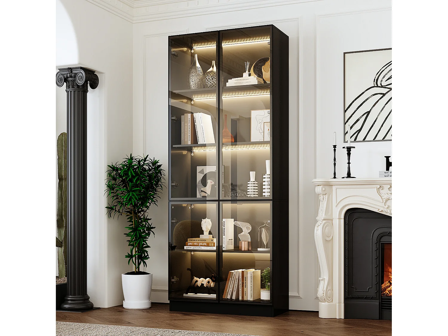 Vitrine avec LED 3 couleurs - 2 portes et à 5 niveaux - push to open, 80x36x200cm, Noir