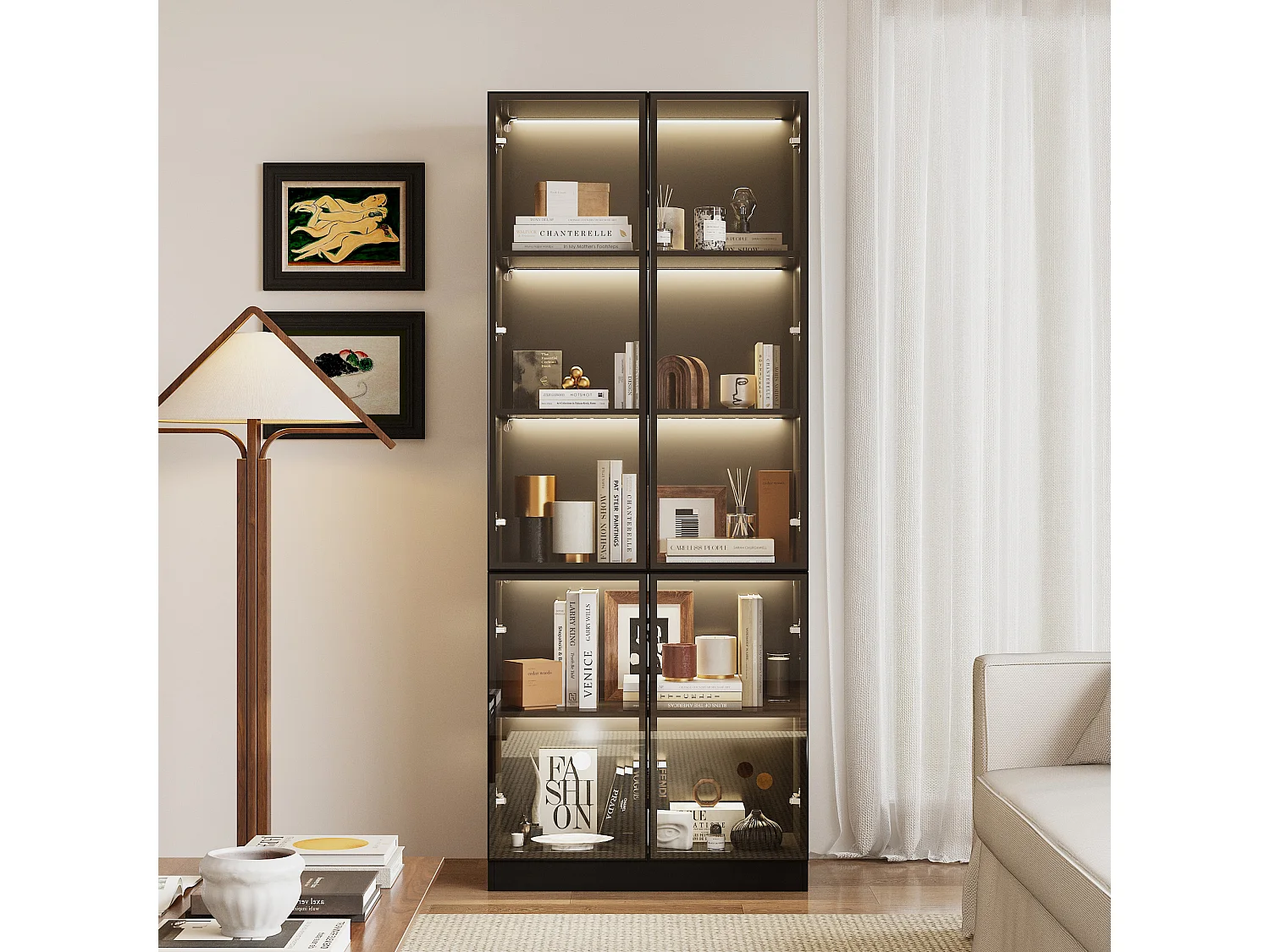 Vitrine Armoire avec LED 3 couleurs,  4  portes en verre trempé, 80x36x200cm, Noir