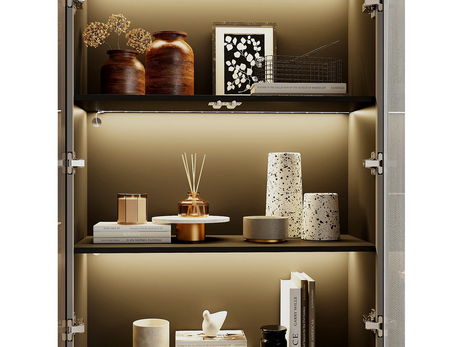 Vitrine Armoire avec LED 3 couleurs,  4  portes en verre trempé, 80x36x200cm, Noir