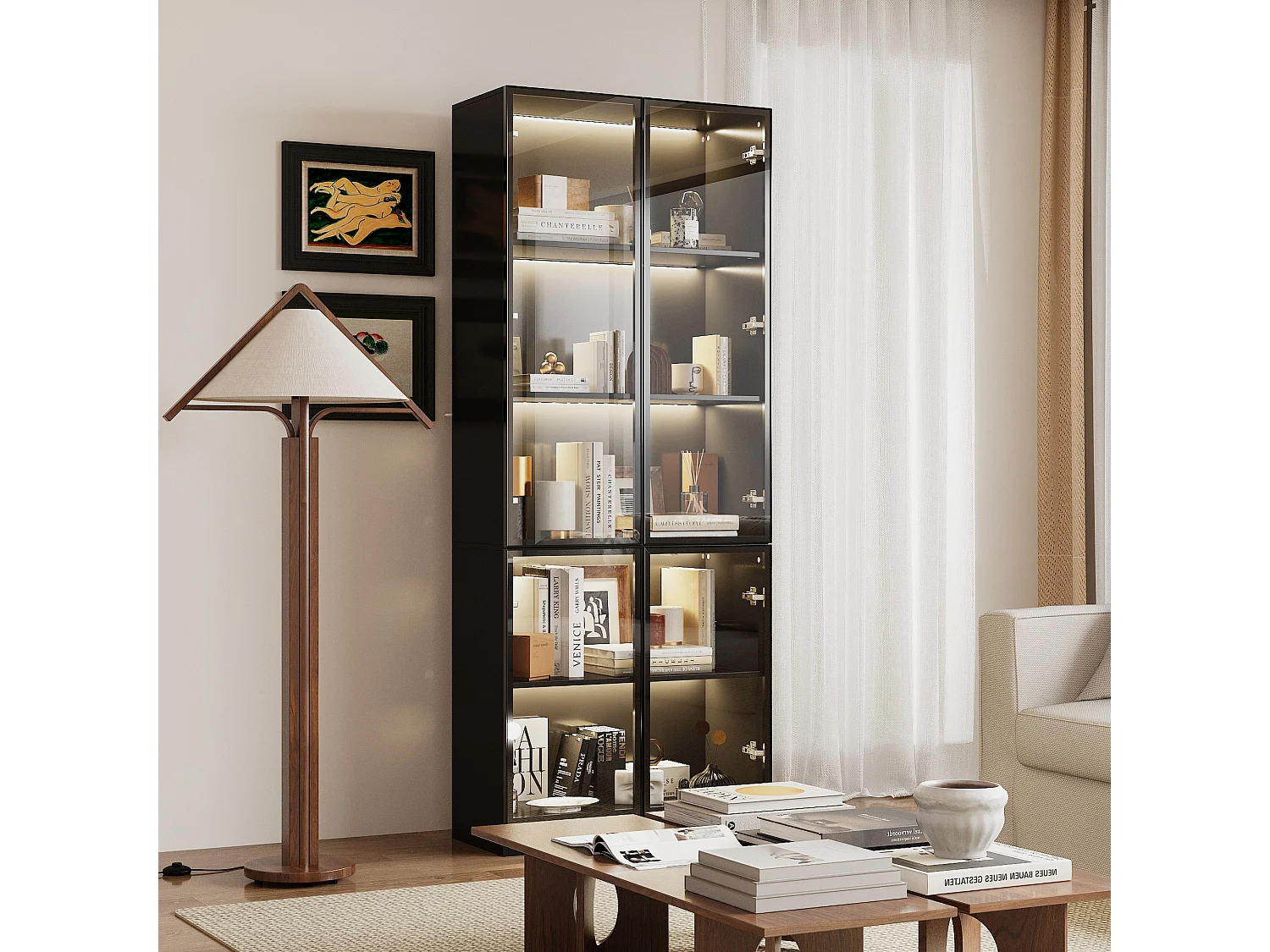 Vitrine Armoire avec LED 3 couleurs,  4  portes en verre trempé, 80x36x200cm, Noir