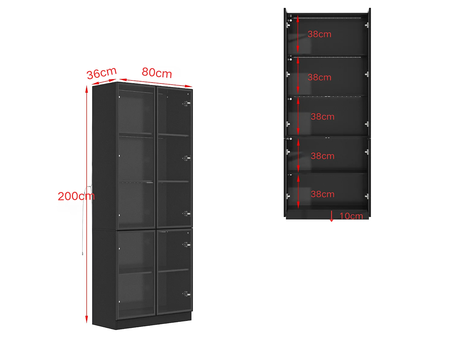 Vitrine Armoire avec LED 3 couleurs,  4  portes en verre trempé, 80x36x200cm, Noir