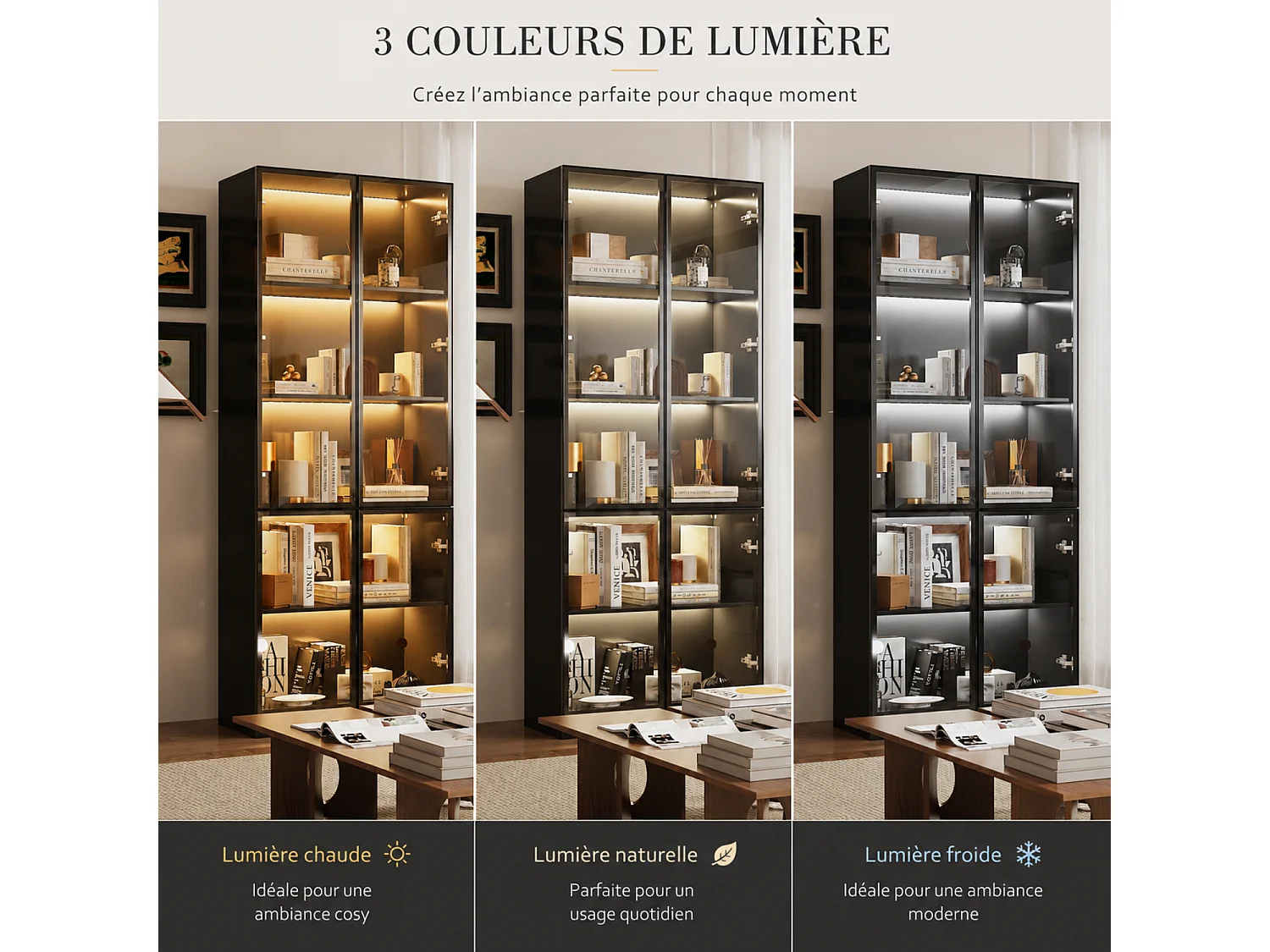 Vitrine Armoire avec LED 3 couleurs,  4  portes en verre trempé, 80x36x200cm, Noir