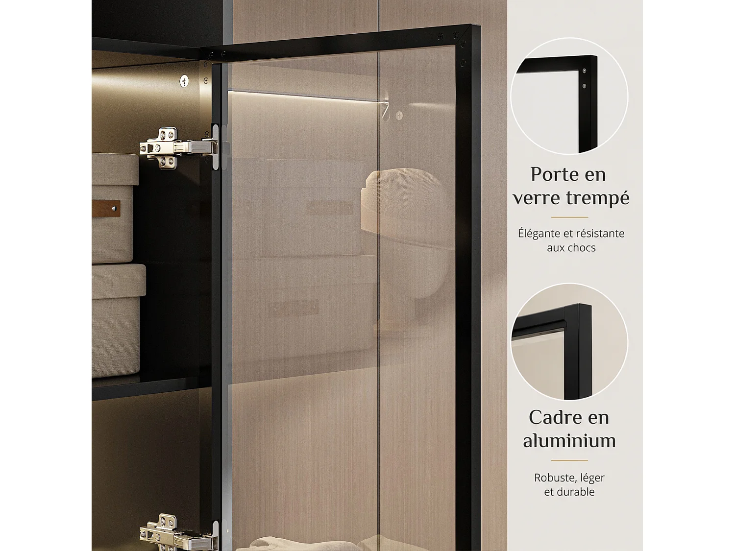 Vitrine Armoire avec LED 3 couleurs,  4  portes en verre trempé, 80x36x200cm, Noir
