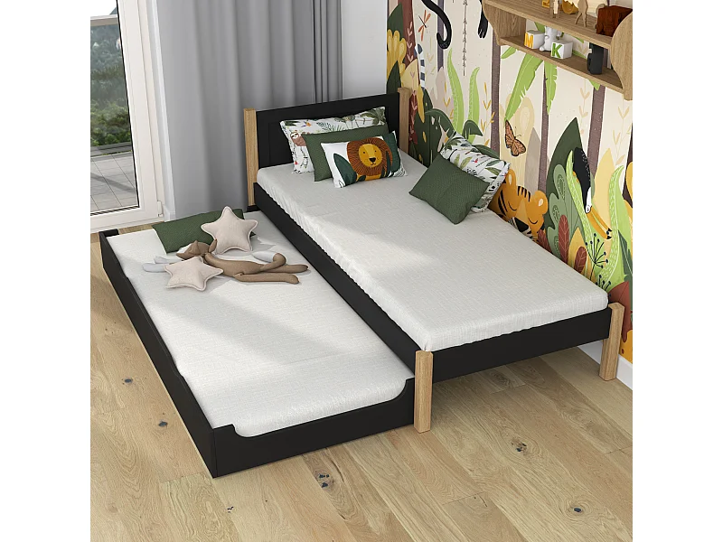 Lit gigogne en bois N02 Noir / Chêne Naturel 120x180