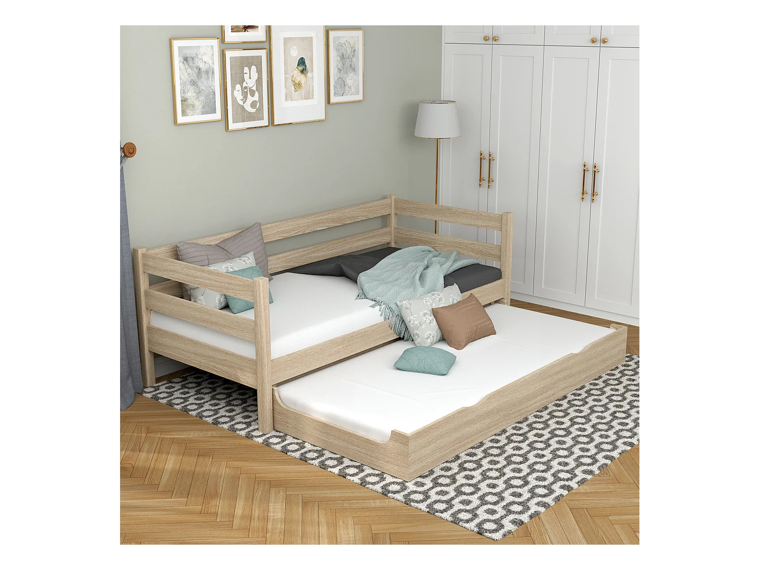 Lit banquette gigogne en chêne N01 Chêne Blanchi 120x190