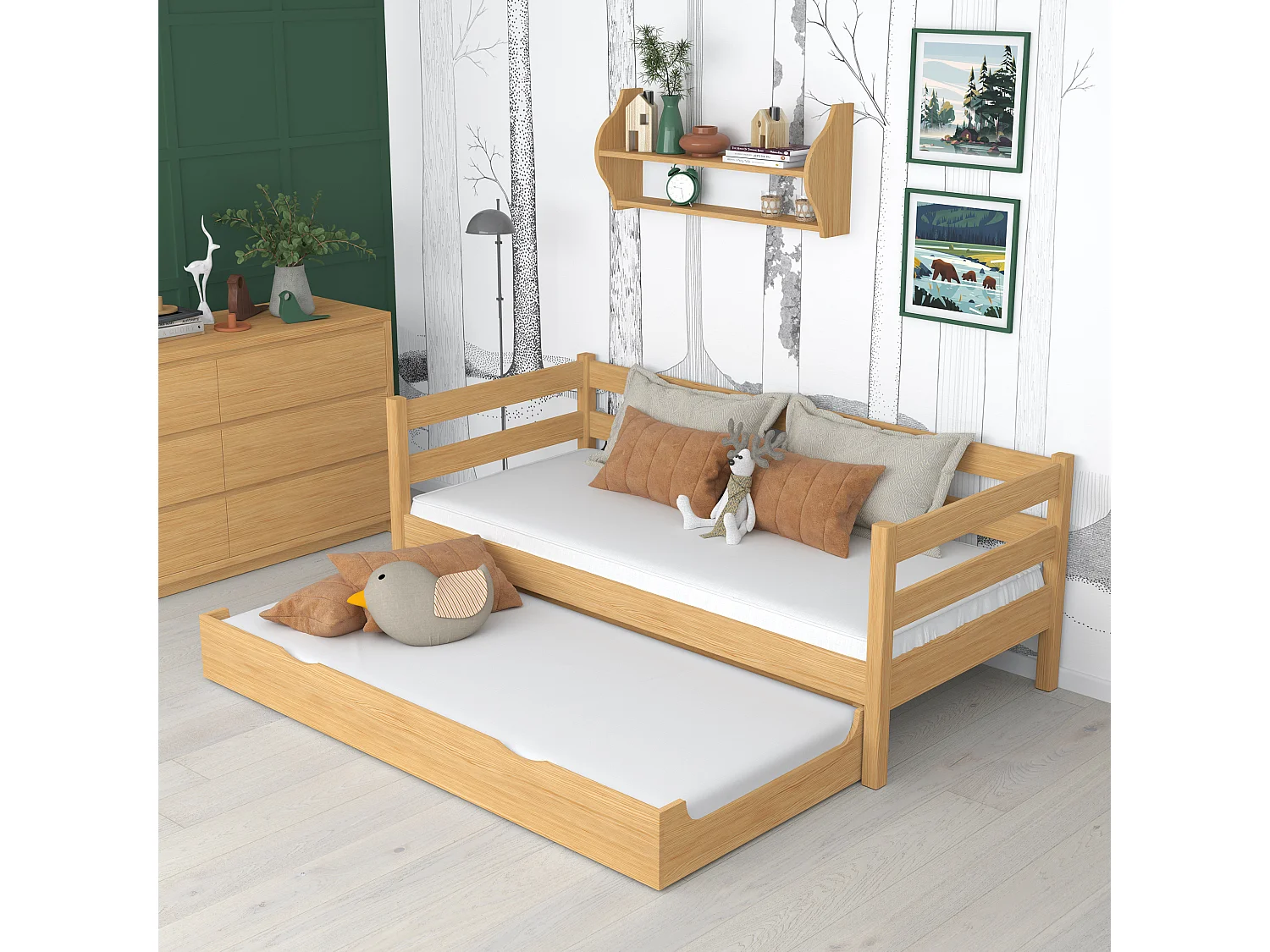 Lit banquette gigogne N01 Pin Naturel 90x190