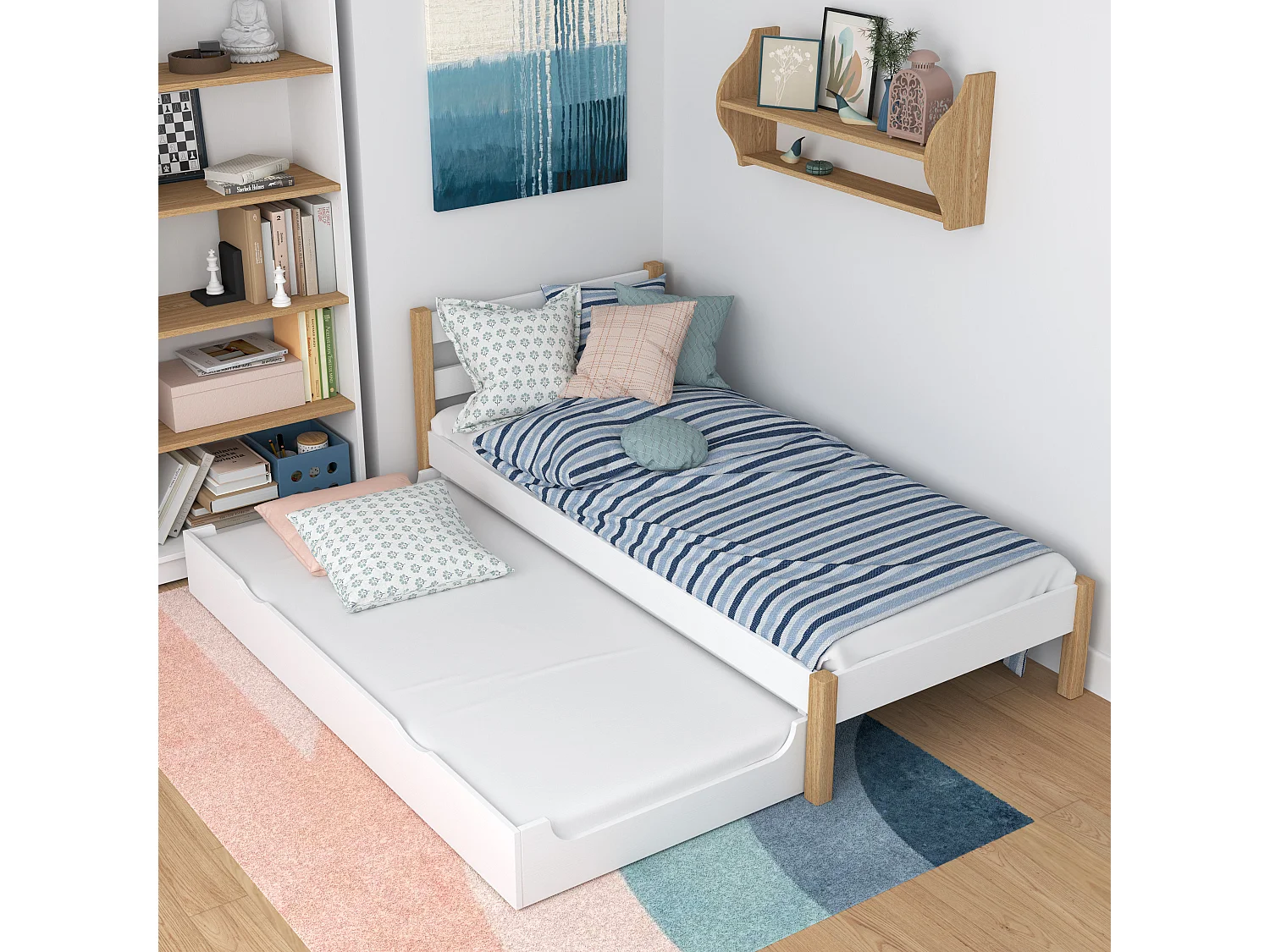 AUSZIEHBETT N01 Weiß / Eiche Natur 90x180