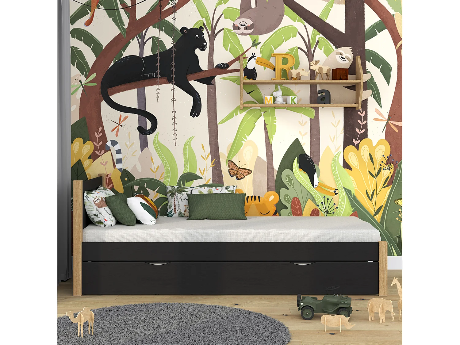 Lit gigogne en bois N02 Noir / Chêne Naturel 100x200