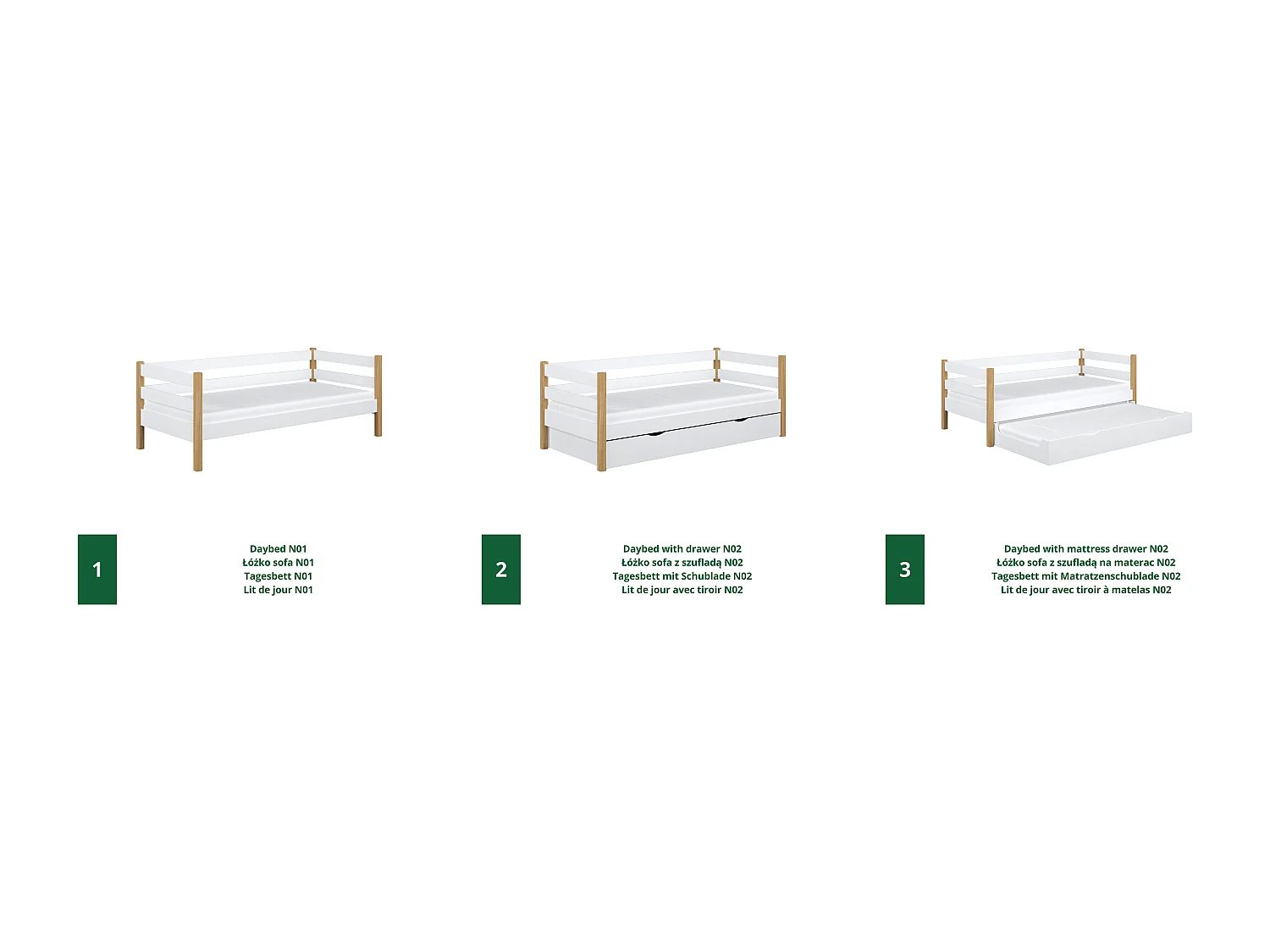 Lit banquette gigogne N01 Blanc / Chêne Naturel 90x180