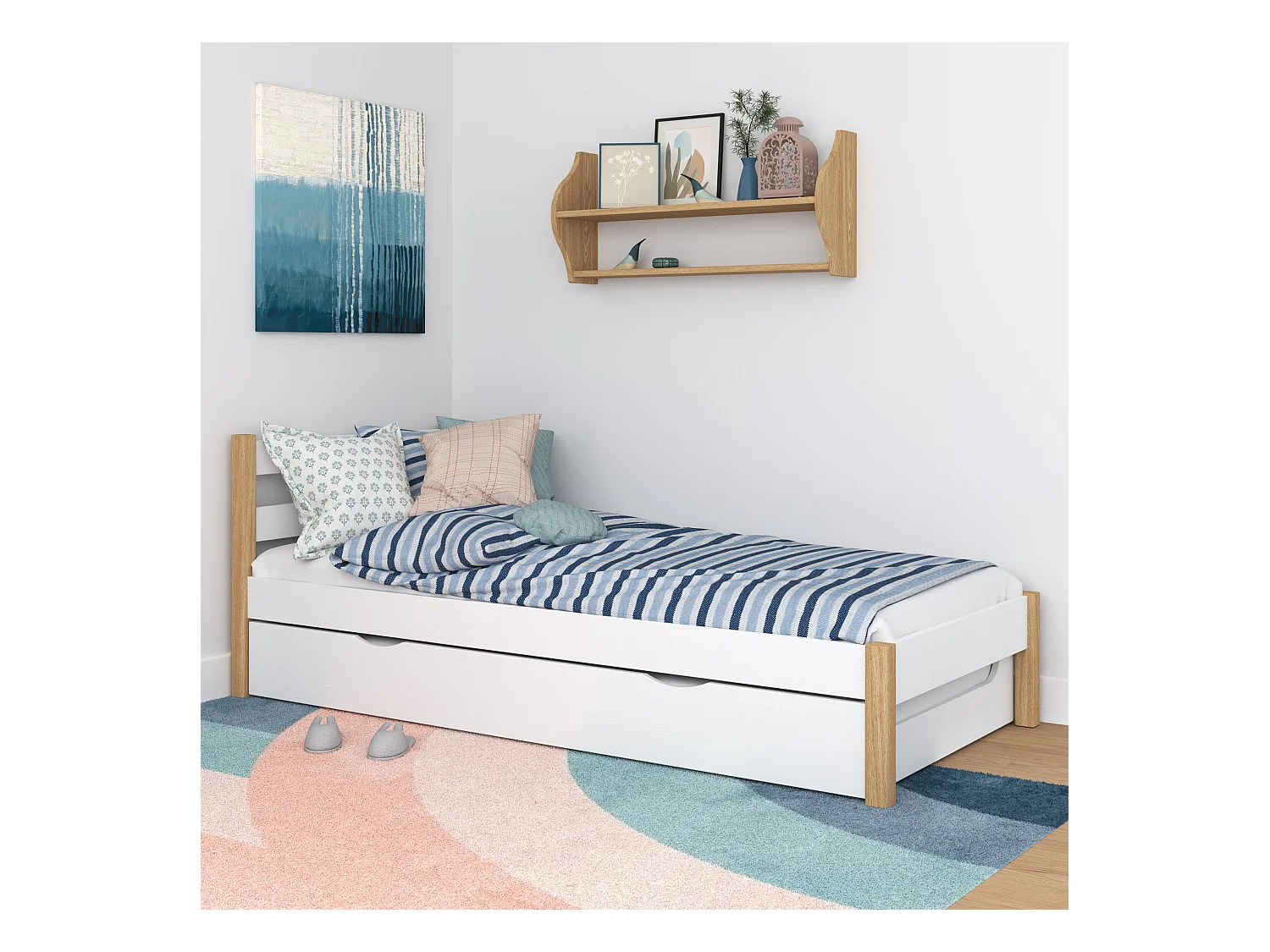 Lit gigogne en bois N01 Blanc / Chêne Naturel 120x190