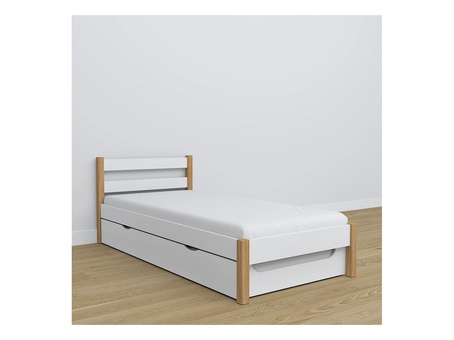Lit gigogne en bois N01 Blanc / Chêne Naturel 120x190