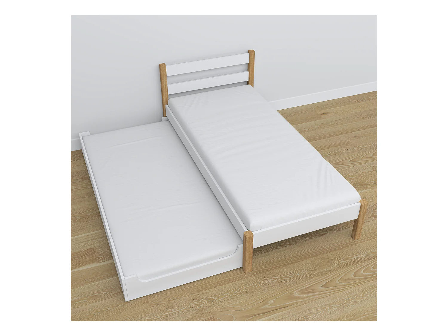 Lit gigogne en bois N01 Blanc / Chêne Naturel 120x190