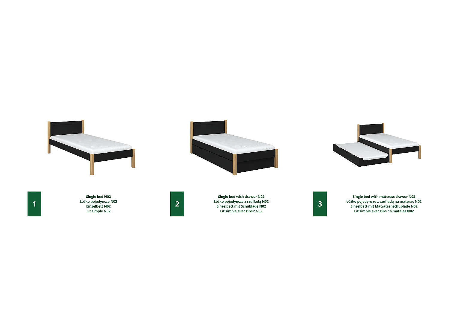 AUSZIEHBETT N02 Schwarz / Eiche Natur 100x180