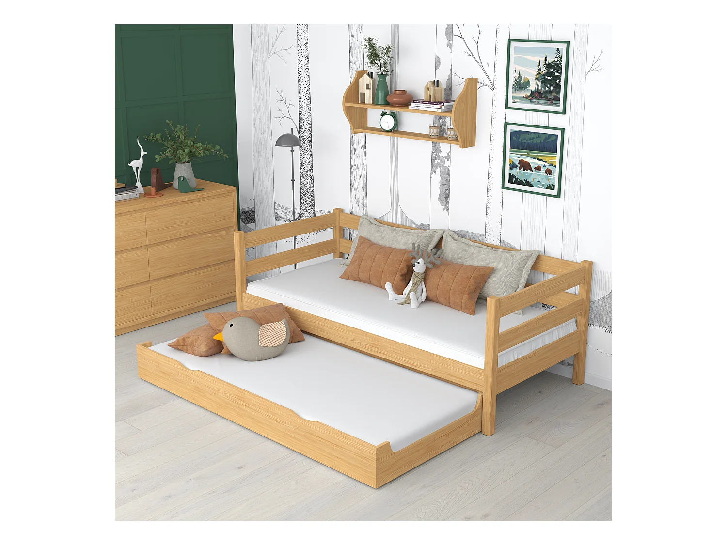 Lit banquette gigogne N01 Pin Naturel 80x190