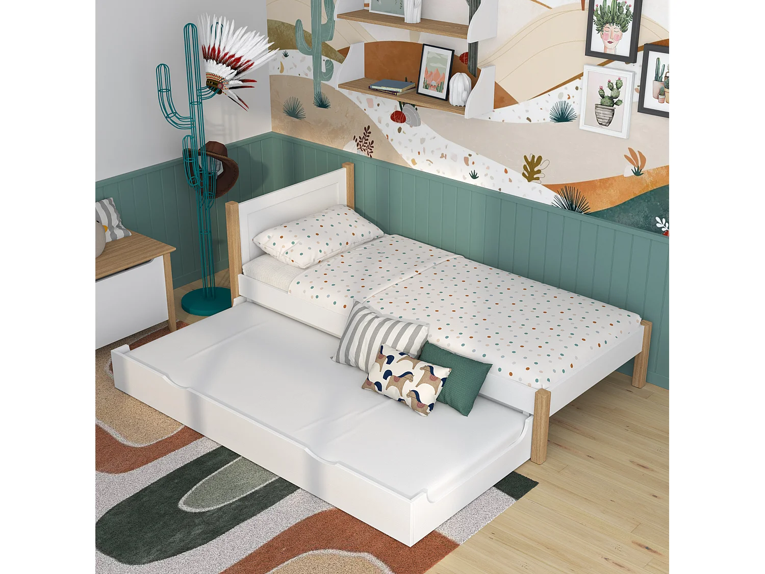 AUSZIEHBETT N02 Weiß / Eiche Natur 90x200