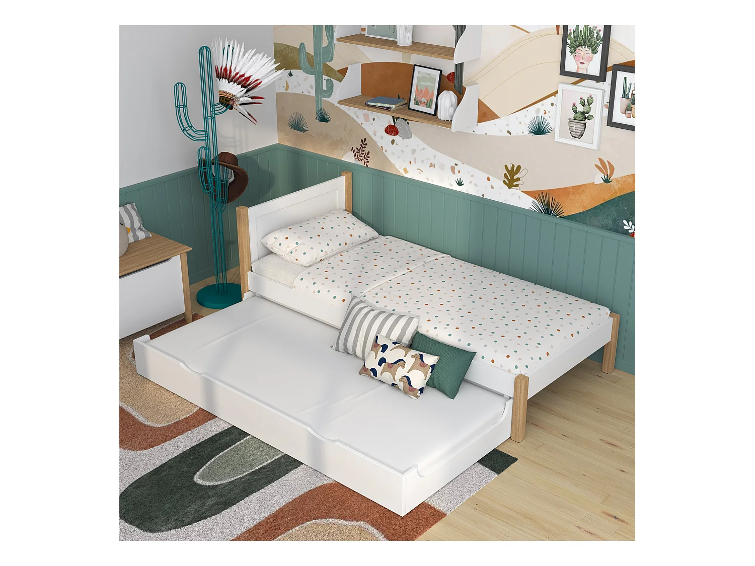 AUSZIEHBETT N02 Weiß / Eiche Natur 100x180