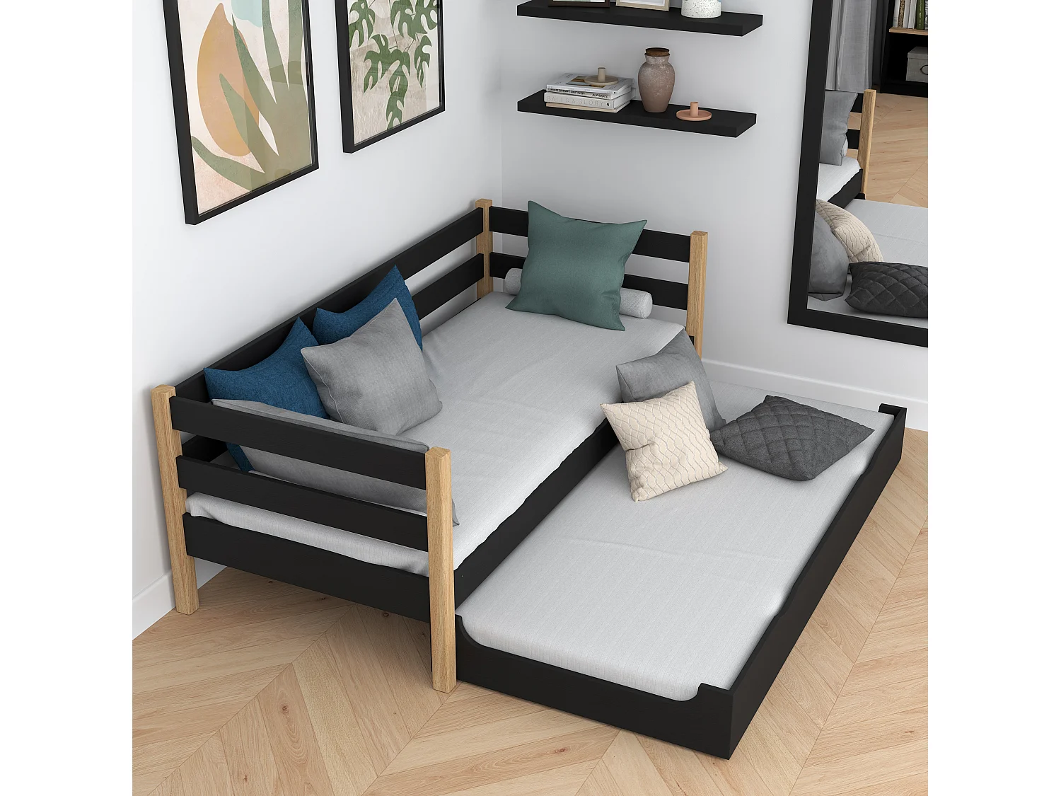 Lit banquette gigogne N01 Noir / Chêne Naturel 80x180