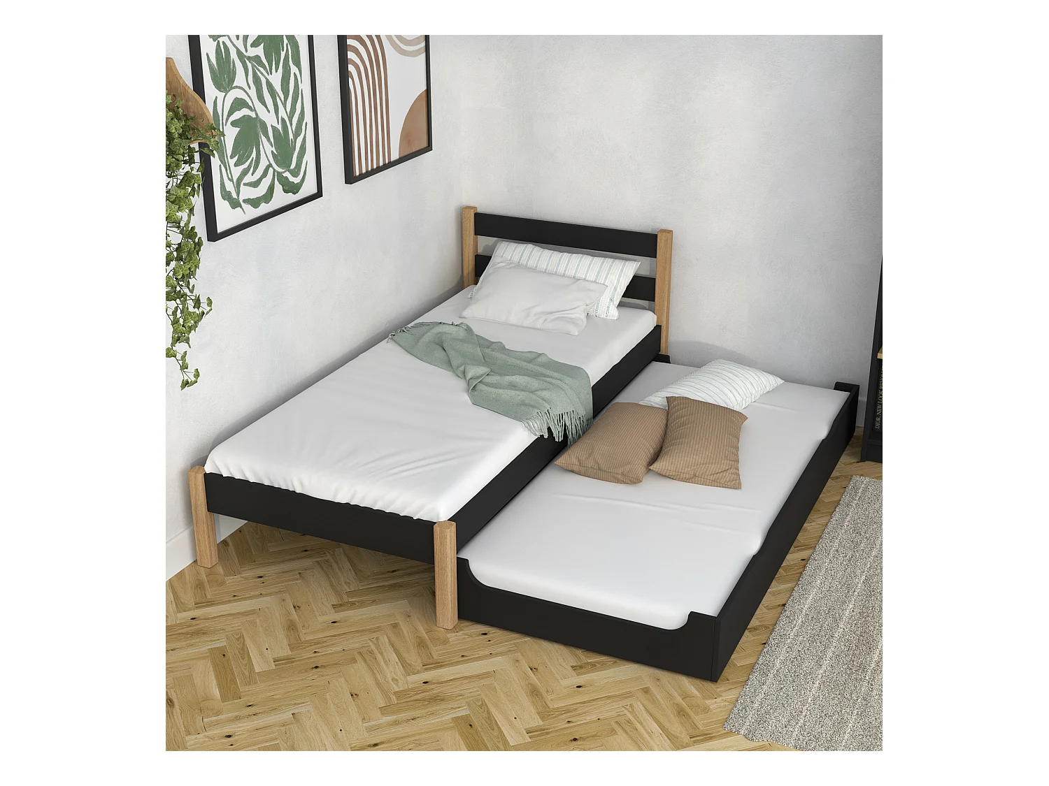 AUSZIEHBETT N01 Schwarz / Eiche Natur 90x190