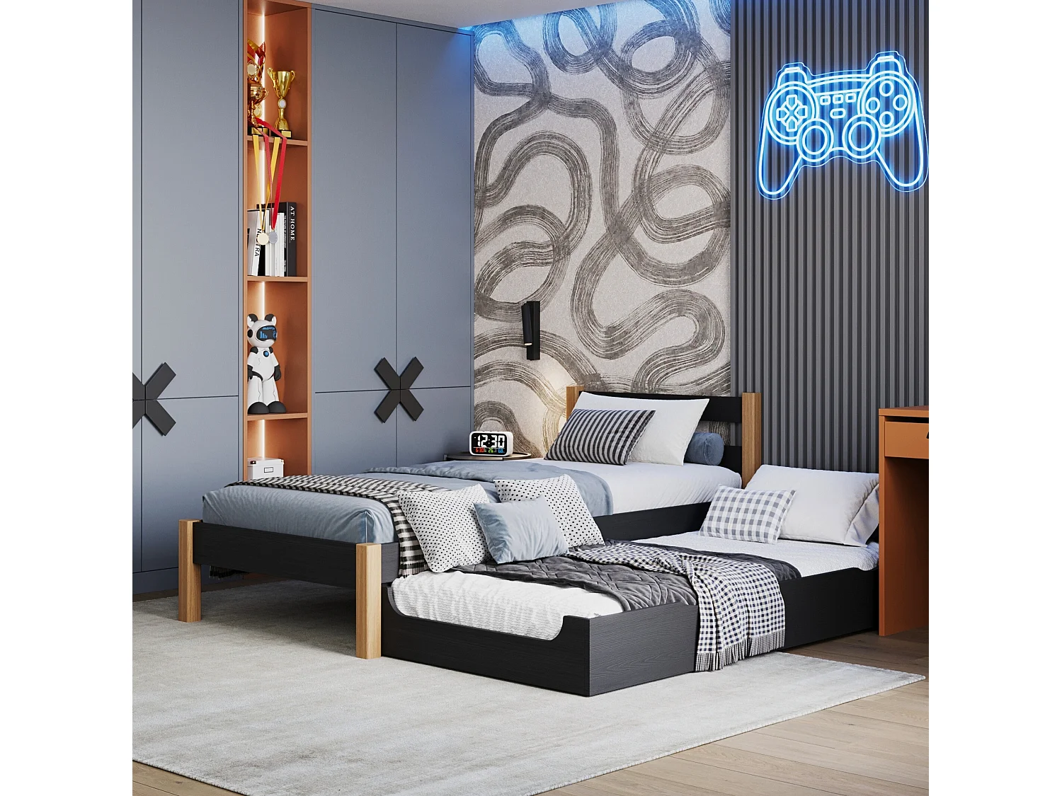 AUSZIEHBETT N01 Schwarz / Eiche Natur 90x190