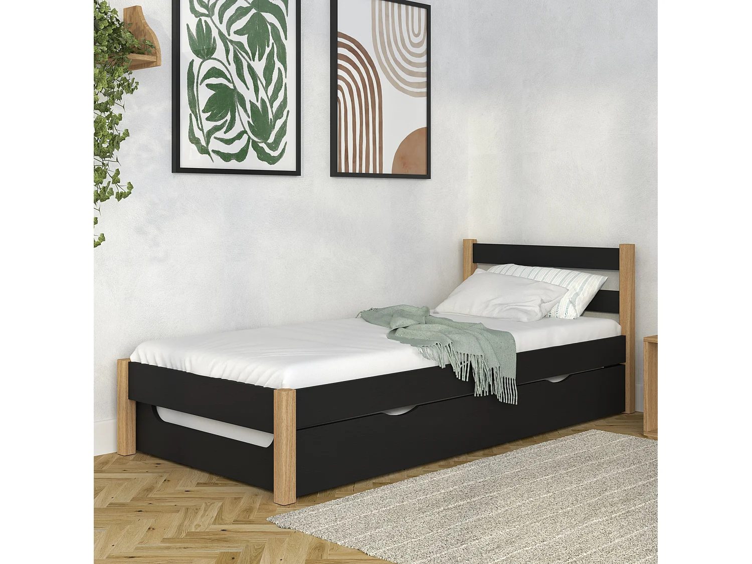 Lit gigogne en bois N01 Noir / Chêne Naturel 100x200