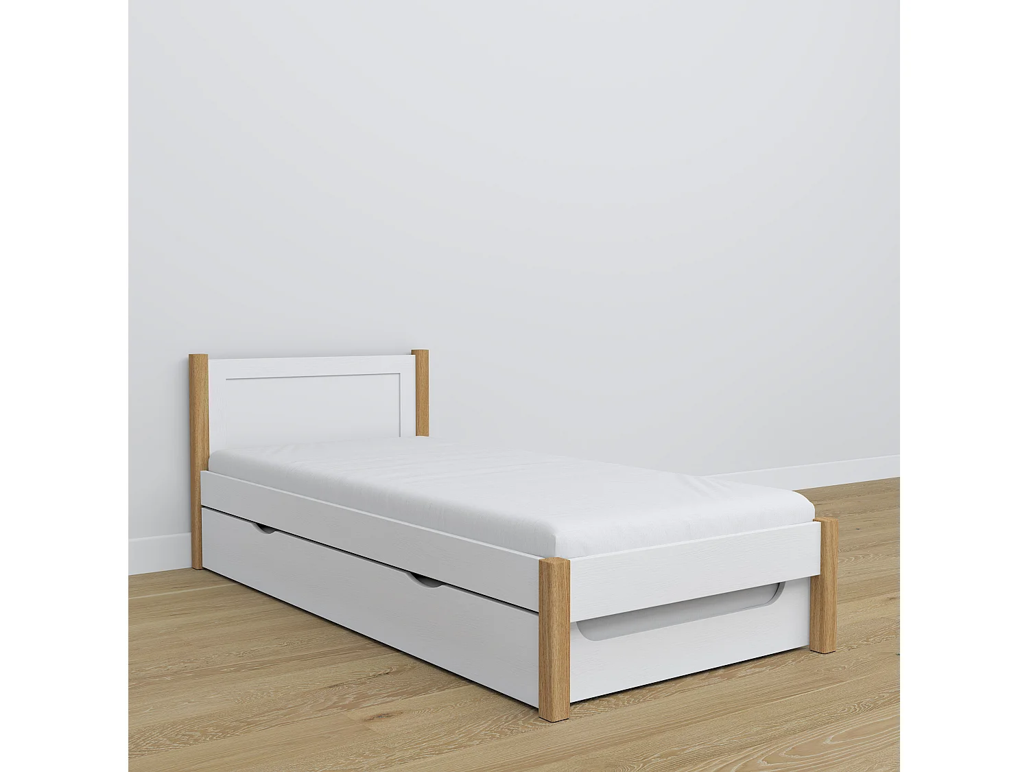 Lit gigogne en bois N02 Blanc / Chêne Naturel 80x180