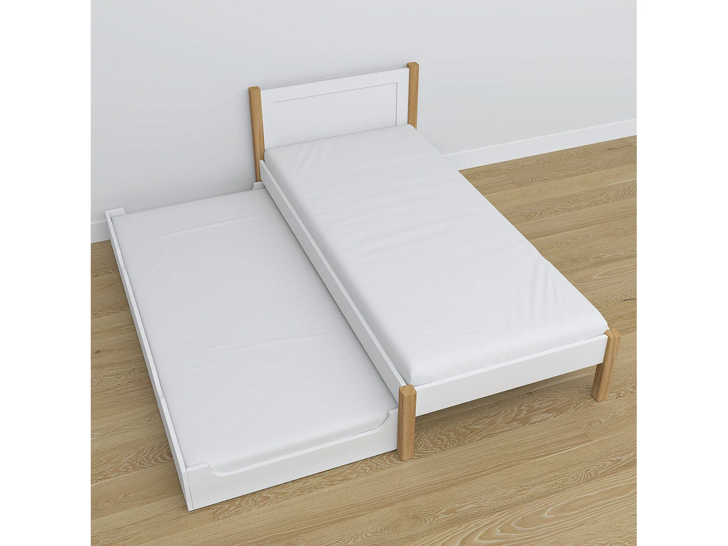 Lit gigogne en bois N02 Blanc / Chêne Naturel 80x180