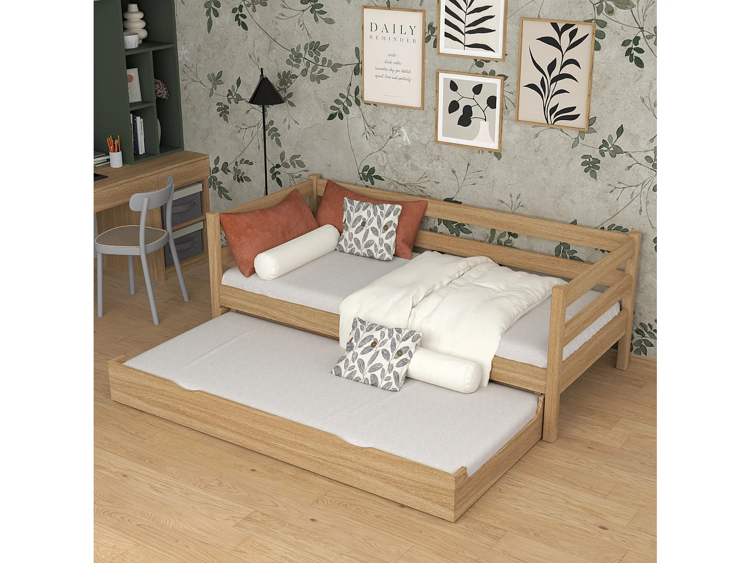 Lit banquette gigogne en chêne N01 Chêne Naturel 120x190