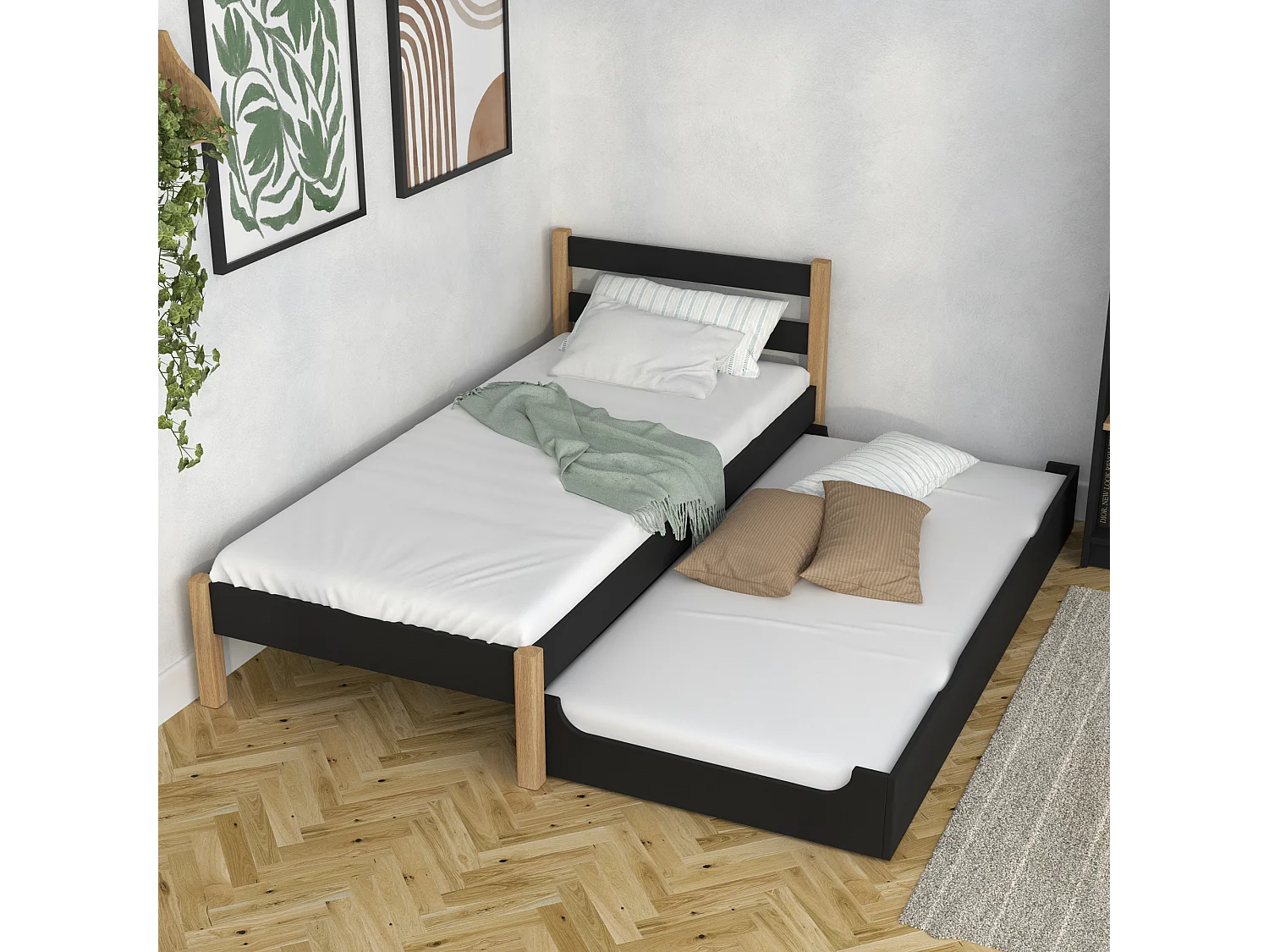 AUSZIEHBETT N01 Schwarz / Eiche Natur 80x200