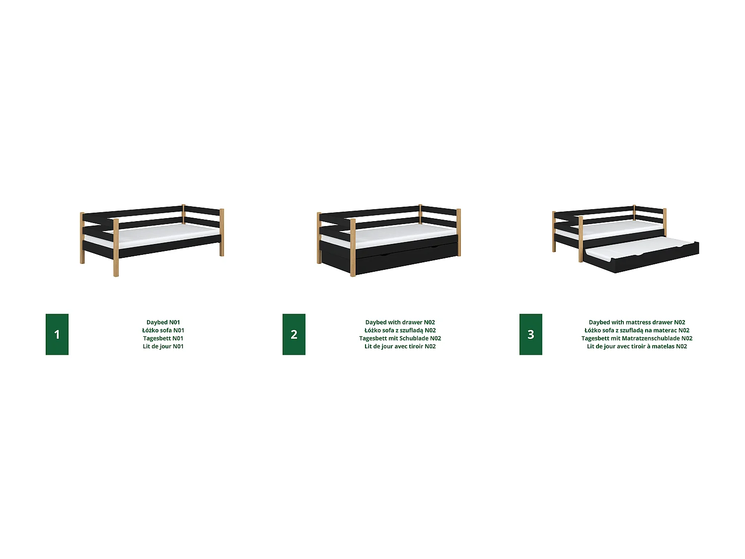 AUSZIEHBETT N01S Schwarz / Eiche Natur 100x190