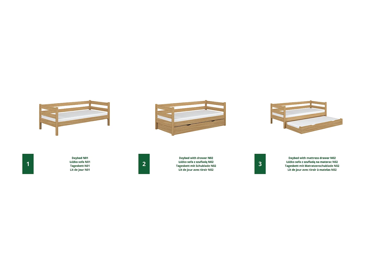 AUSZIEHBETT N01S Eiche Natur 80x180