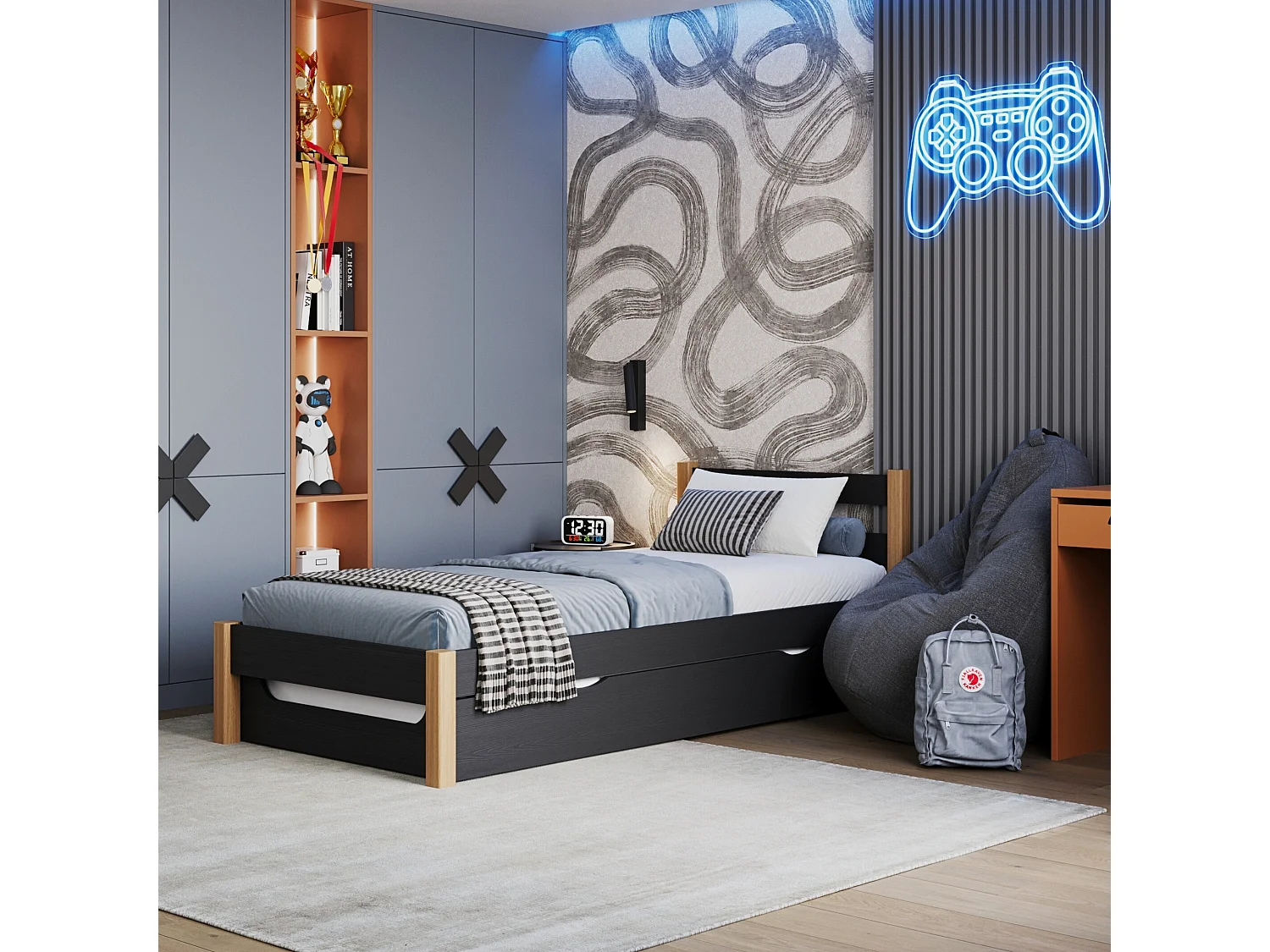 AUSZIEHBETT N01 Schwarz / Eiche Natur 100x180