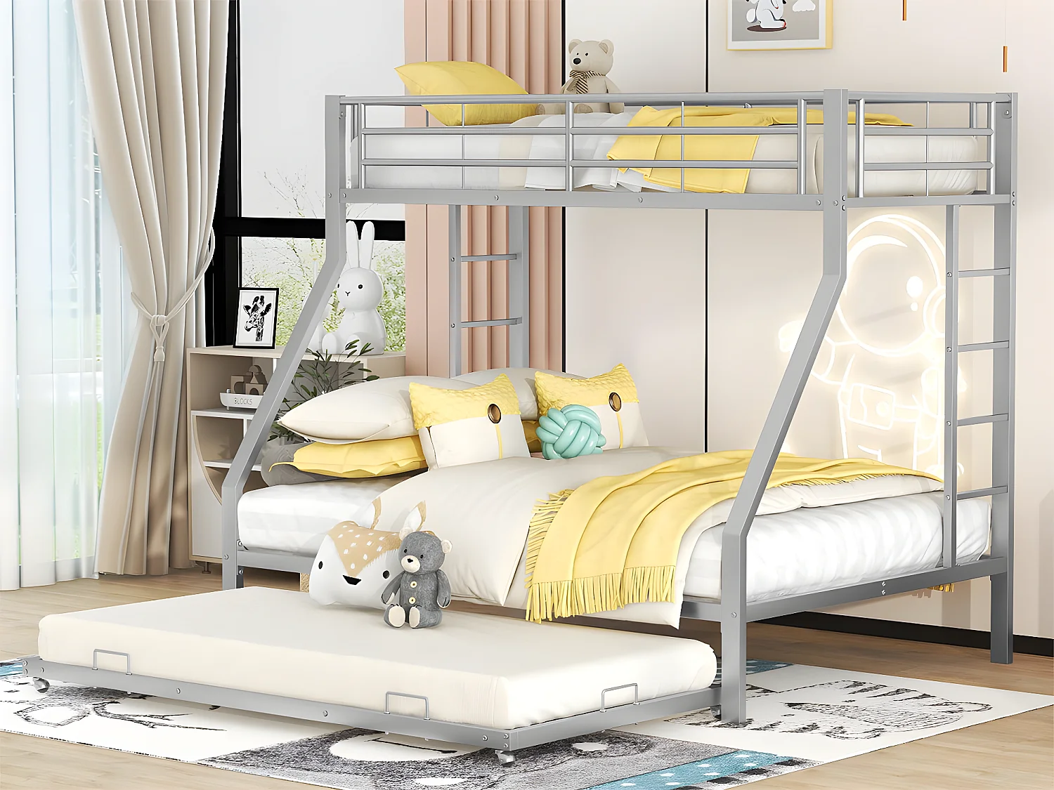 Etagenbett 90/140 x 200 cm mit Ausziehbett 90 x 190 cm – Metallrahmen – Silber