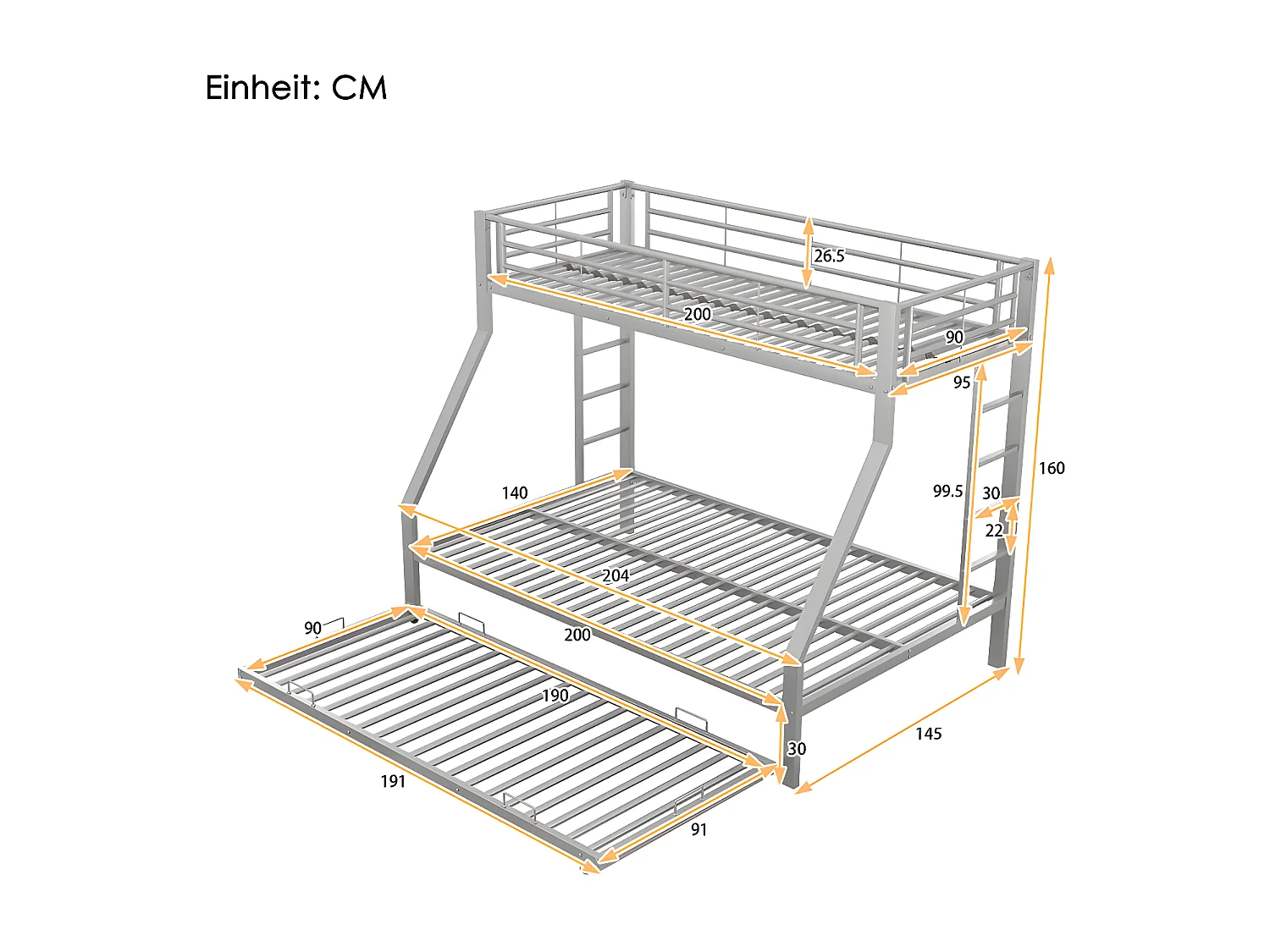 Etagenbett 90/140 x 200 cm mit Ausziehbett 90 x 190 cm – Metallrahmen – Silber