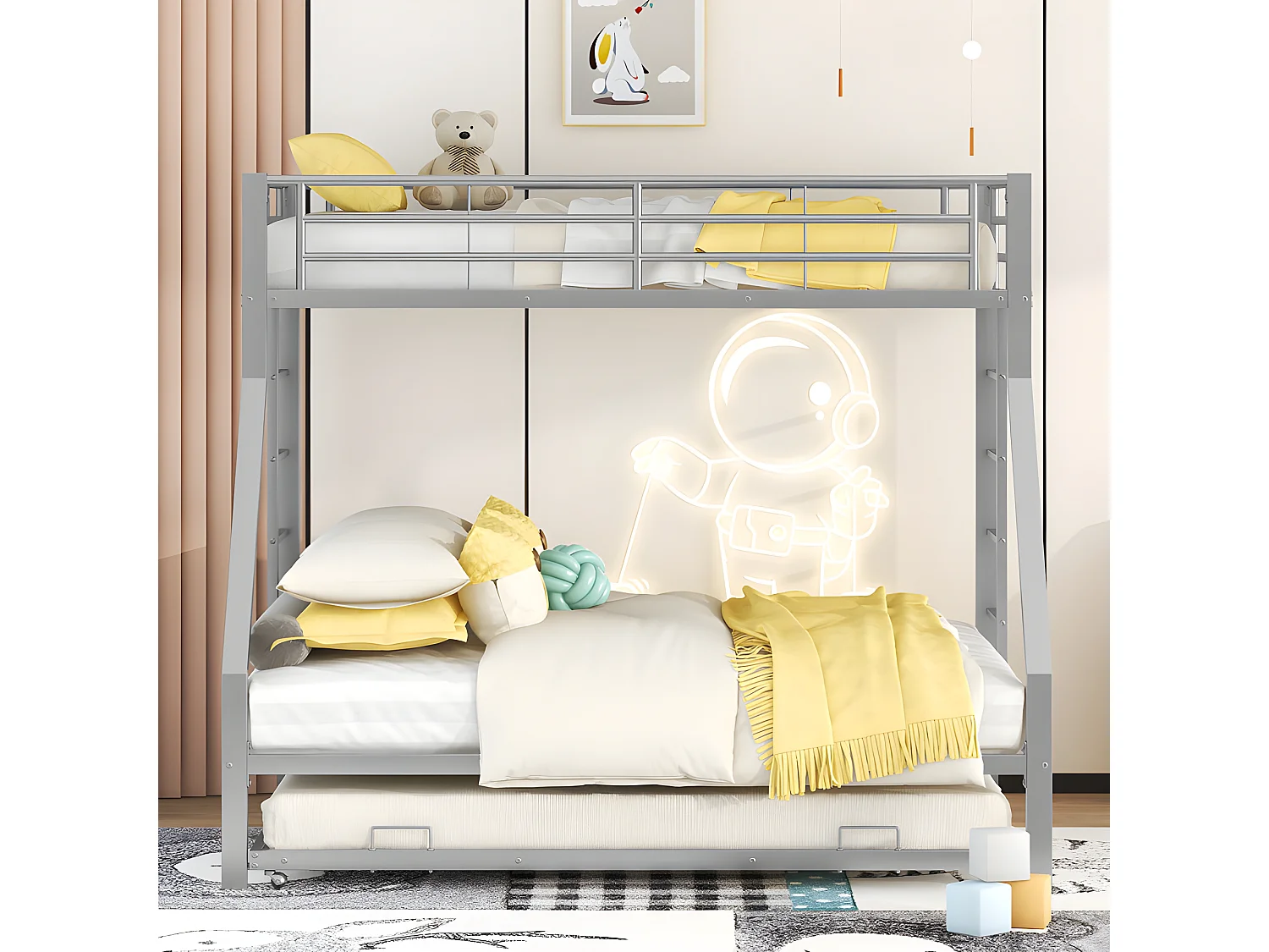 Letto a castello 90/140x200 cm con letto estraibile 90x190 cm - struttura in metallo - Argento