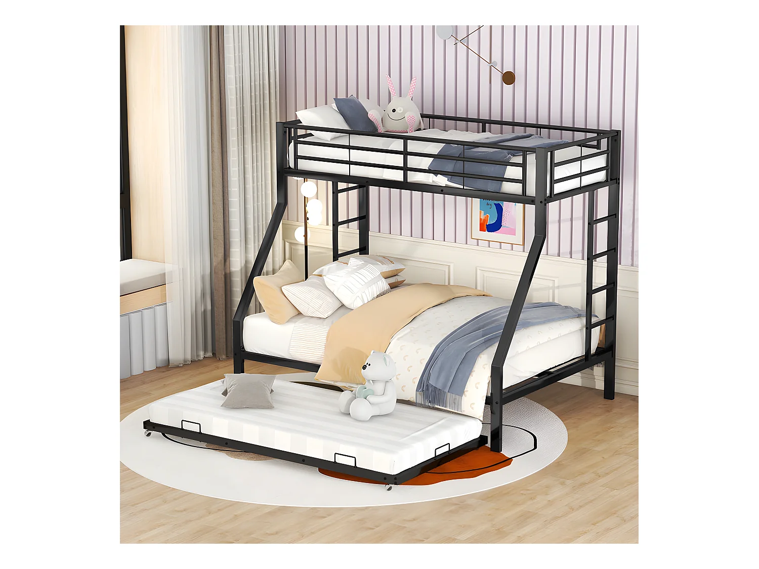 Stapelbed 90/140x200cm met onderschuifbed 90x190cm - metalen frame - Zwart