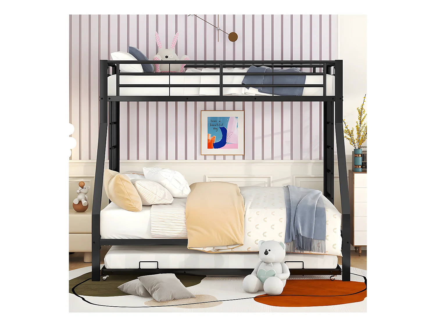 Stapelbed 90/140x200cm met onderschuifbed 90x190cm - metalen frame - Zwart