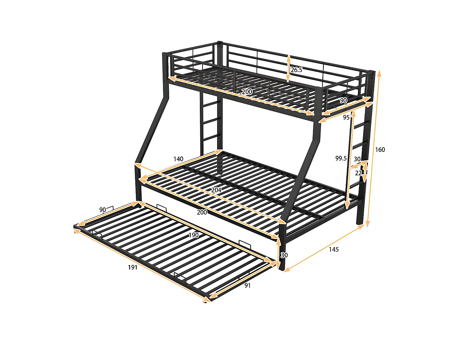 Stapelbed 90/140x200cm met onderschuifbed 90x190cm - metalen frame - Zwart