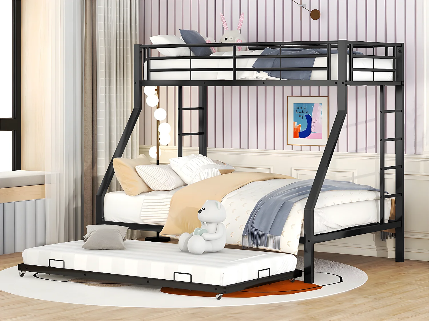 Stapelbed 90/140x200cm met onderschuifbed 90x190cm - metalen frame - Zwart