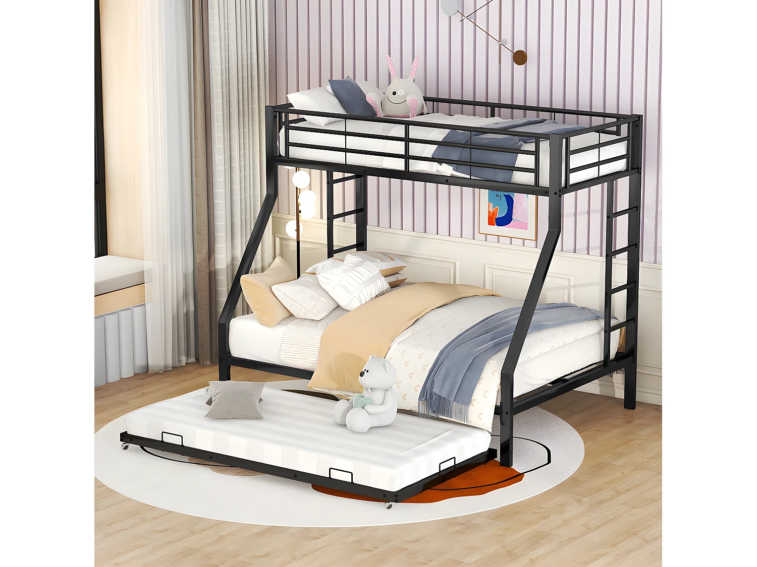 Stapelbed 90/140x200cm met onderschuifbed 90x190cm - metalen frame - Zwart