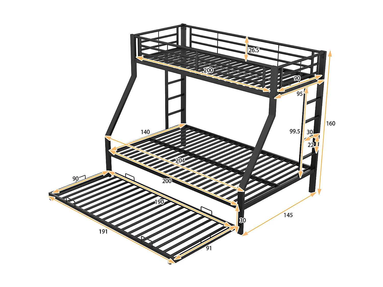 Stapelbed 90/140x200cm met onderschuifbed 90x190cm - metalen frame - Zwart
