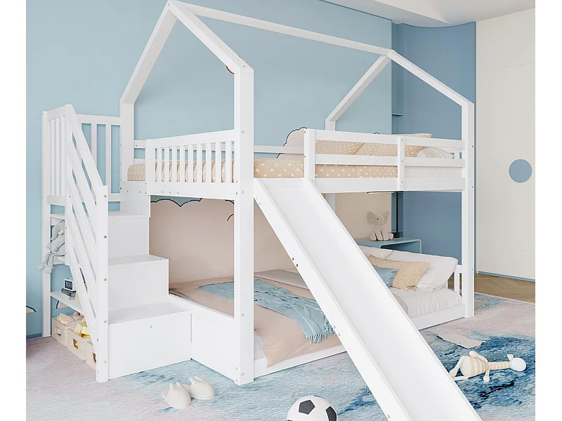 Lit superposé 140x200cm en bois - avec barrières + escalier de rangement + toboggan - Blanc
