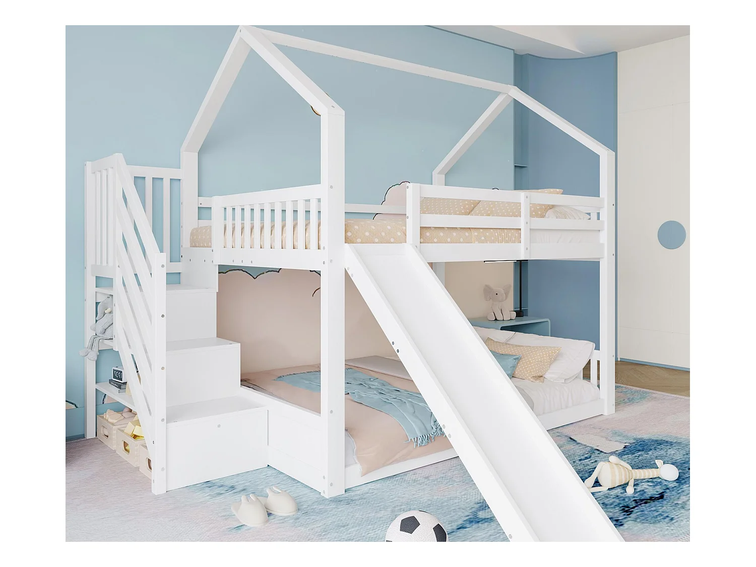 Lit superposé 140x200cm en bois - avec barrières + escalier de rangement + toboggan - Blanc
