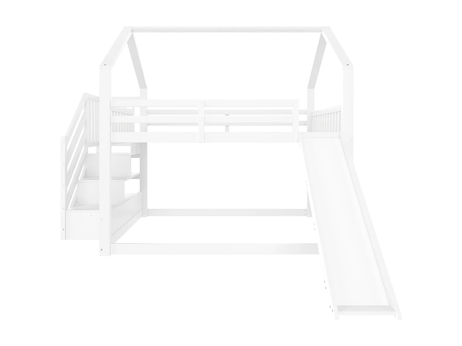 Lit superposé 140x200cm en bois - avec barrières + escalier de rangement + toboggan - Blanc