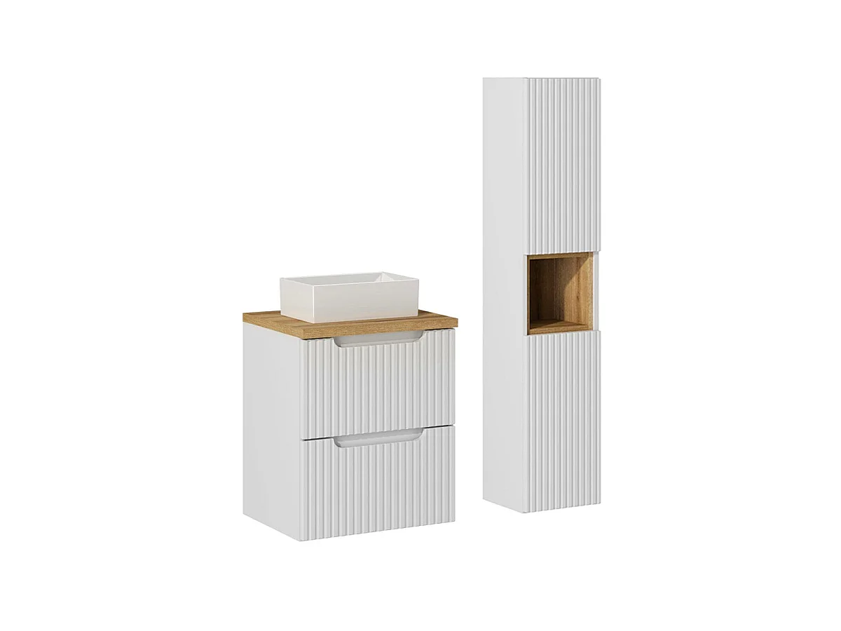 Ensemble meuble simple vasque 50cm 2 tiroirs et colonne Riva Blanc et Bois
