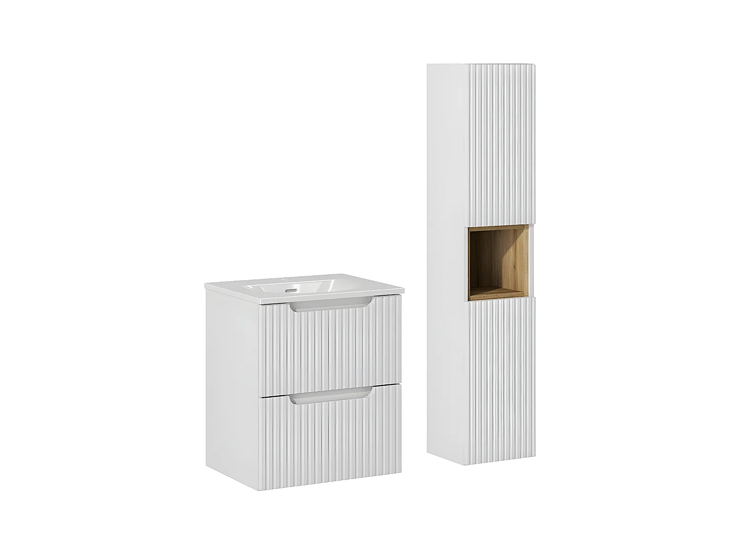 Ensemble meuble simple vasque encastrée 50cm 2 tiroirs et colonne Riva Blanc et Bois