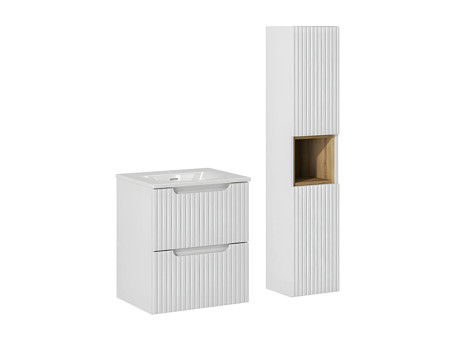 Conjunto de muebles con lavabo individual encastrado 50cm 2 cajones y columna Riva Blanco y Madera