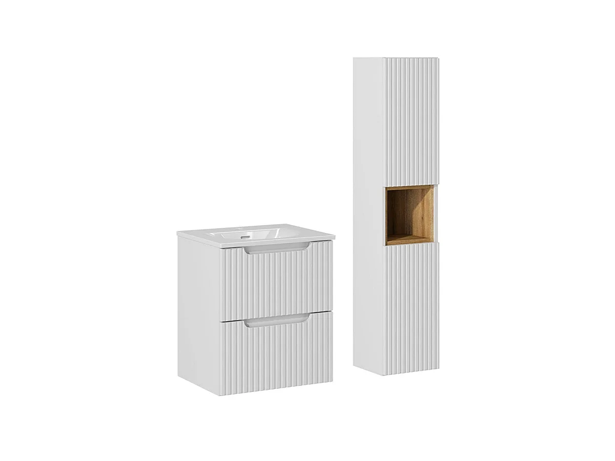 Ensemble meuble simple vasque encastrée 50cm 2 tiroirs et colonne Riva Blanc et Bois